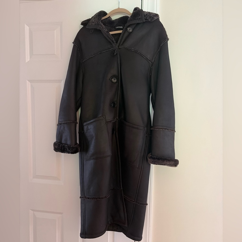Vintage Women’s Chocolate Brown Shearling Sheepskin Hooded Coat | Made in Canada